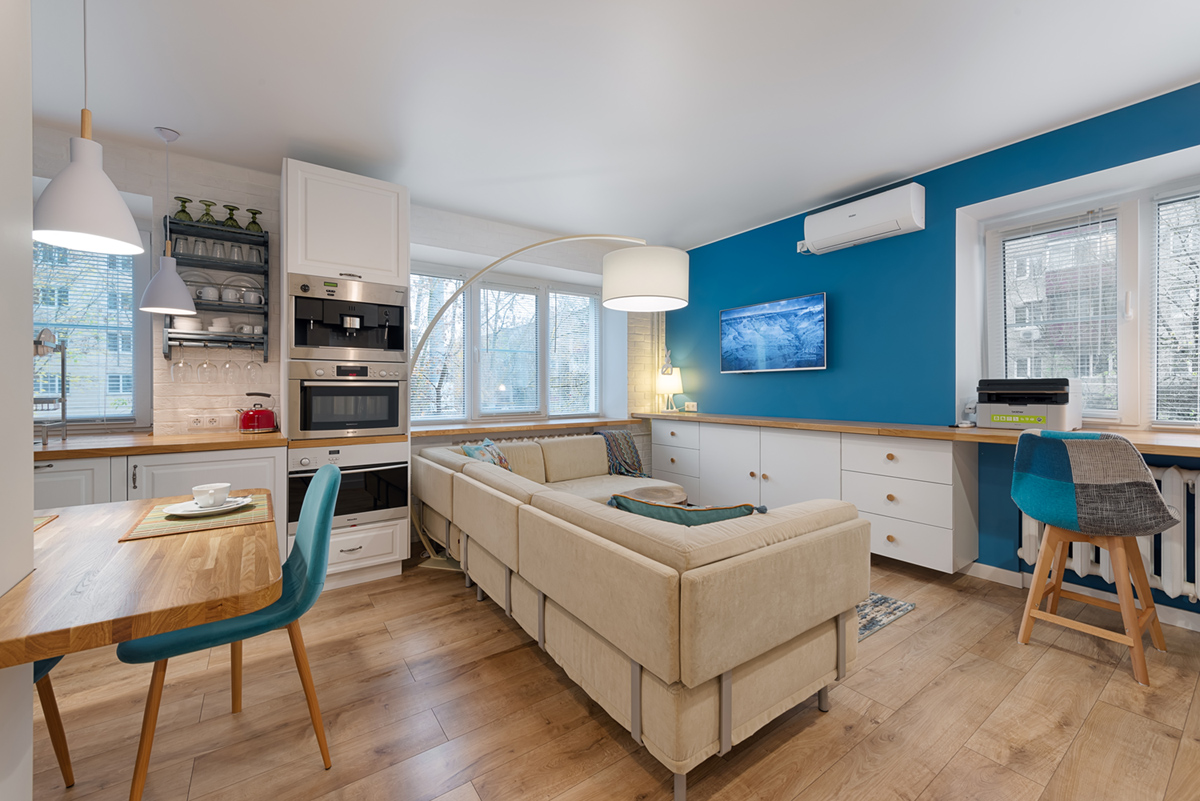 зона отдыха и кухонная зона в квартире-студии